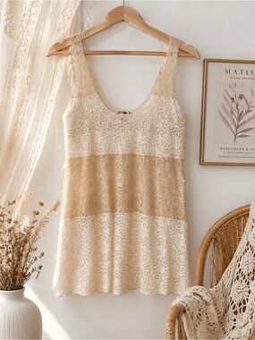 Free People Lace Camisole Boho Sheer Layering Tank Cream Tan M